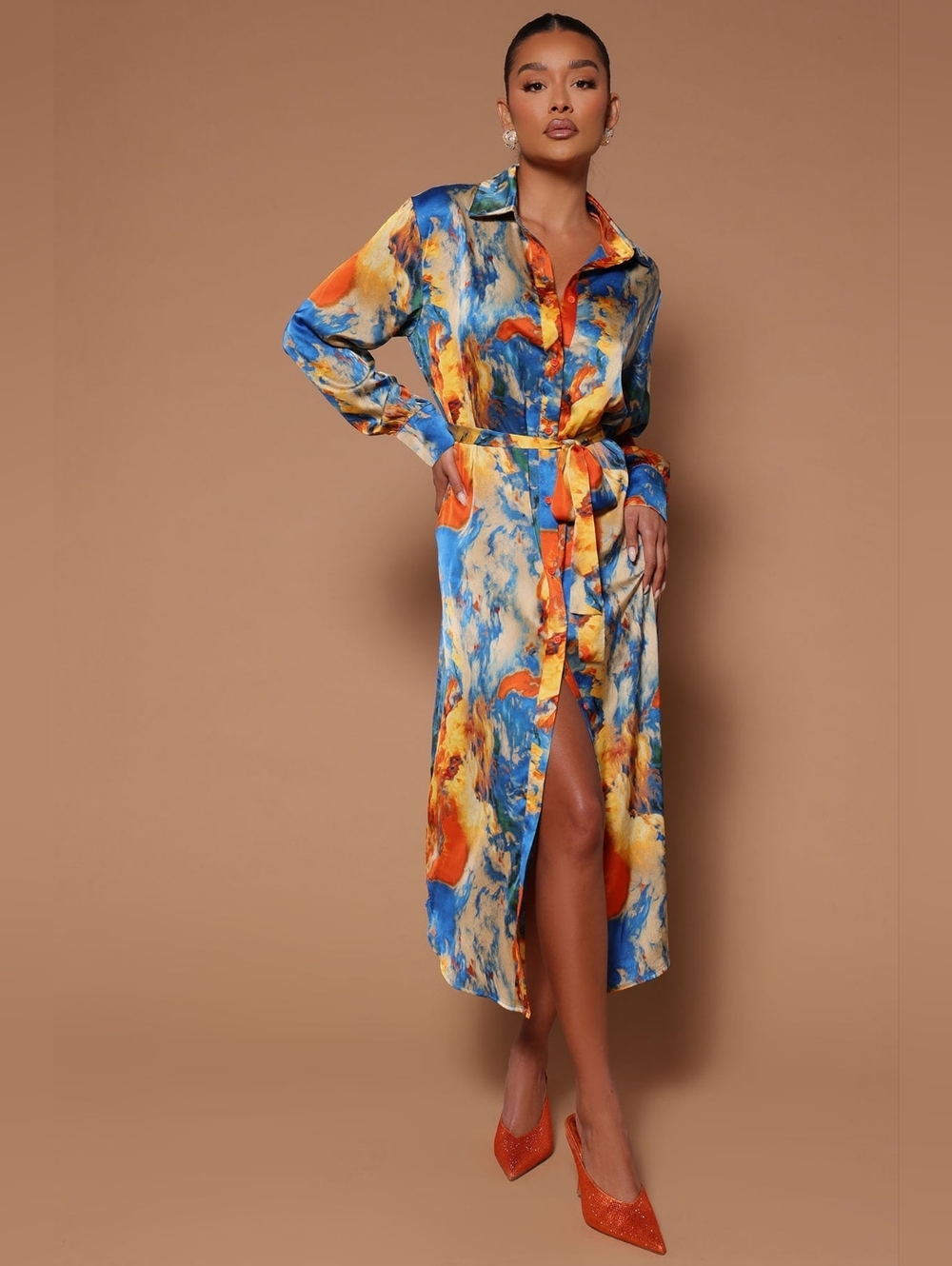 Nova Luxe  Abstract Print Satin Shirt Dress in Blue & Orange